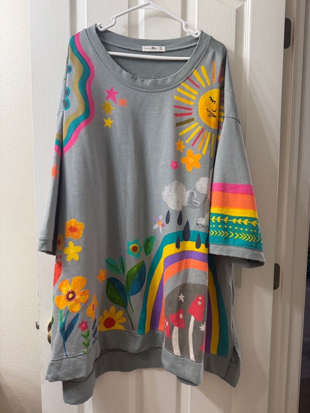 NATURAL LIFE Gray oversized Tshirt dress with Rainbow, Sun & Floral Graphics